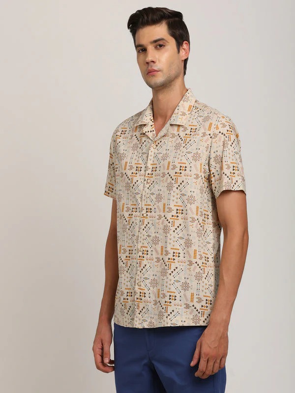 Indian Terrain Men's Slim Fit Half Sleeve All Over Print Beige Shirt